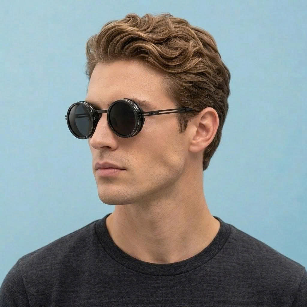 Man wearing round sunglasses and a dark shirt against a light blue background